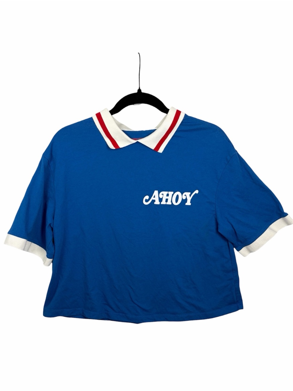 Stranger Things Ahoy Cropped Blue Red White Collared Tee Size L